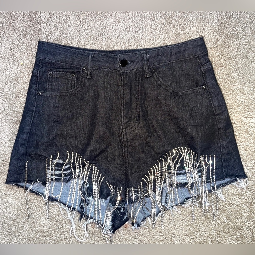Black Jean Shorts with Diamonds